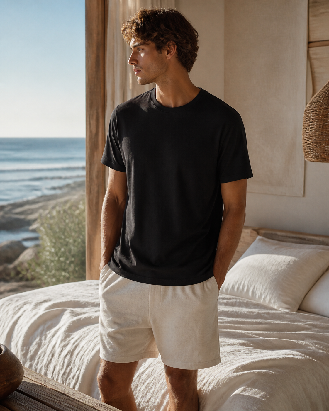 Man wearing the KeAloha Black Sleep Tee in a sunlit coastal bedroom