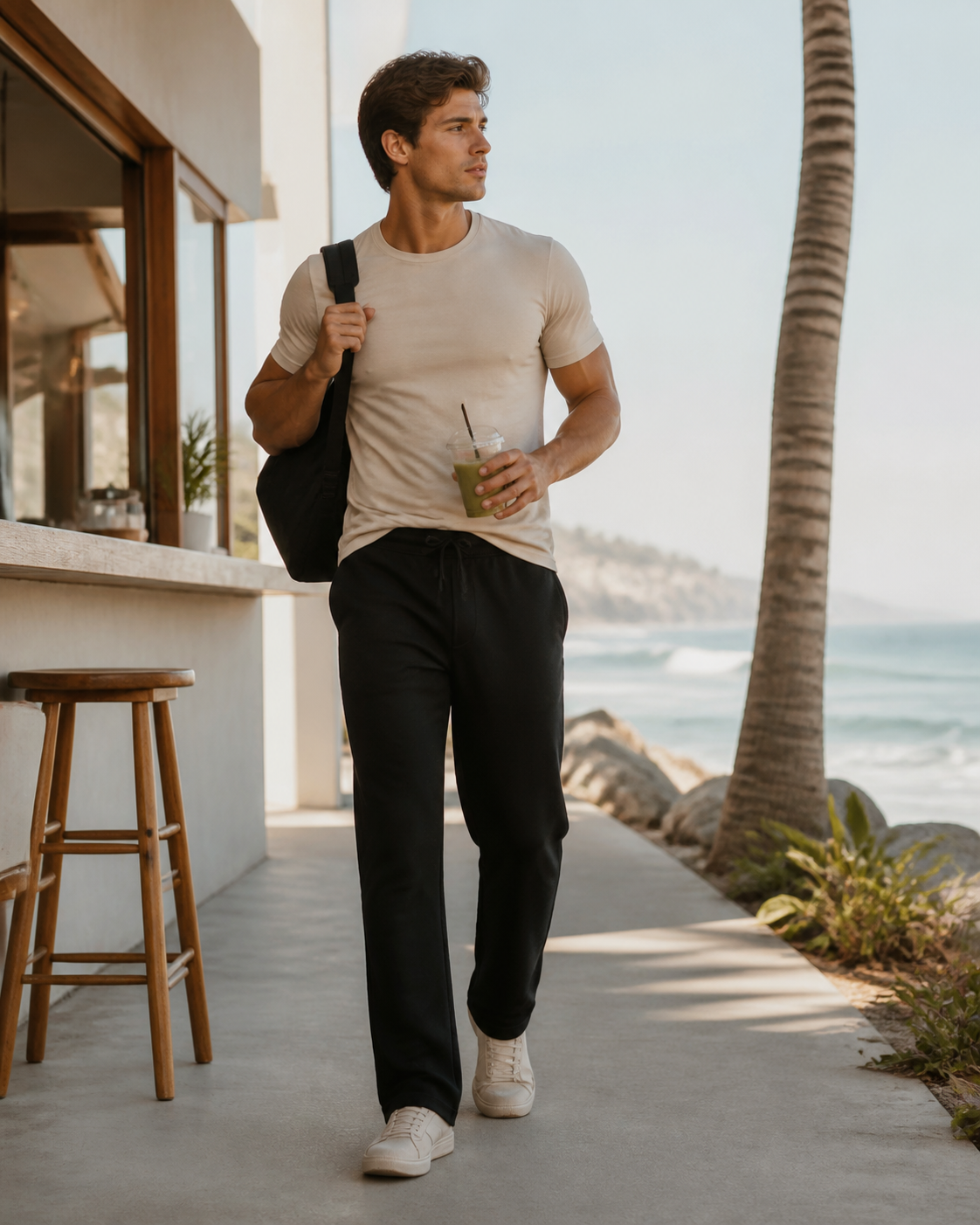 Man wearing KeAloha Black Straight-Leg Sweatpants beside a coastal café