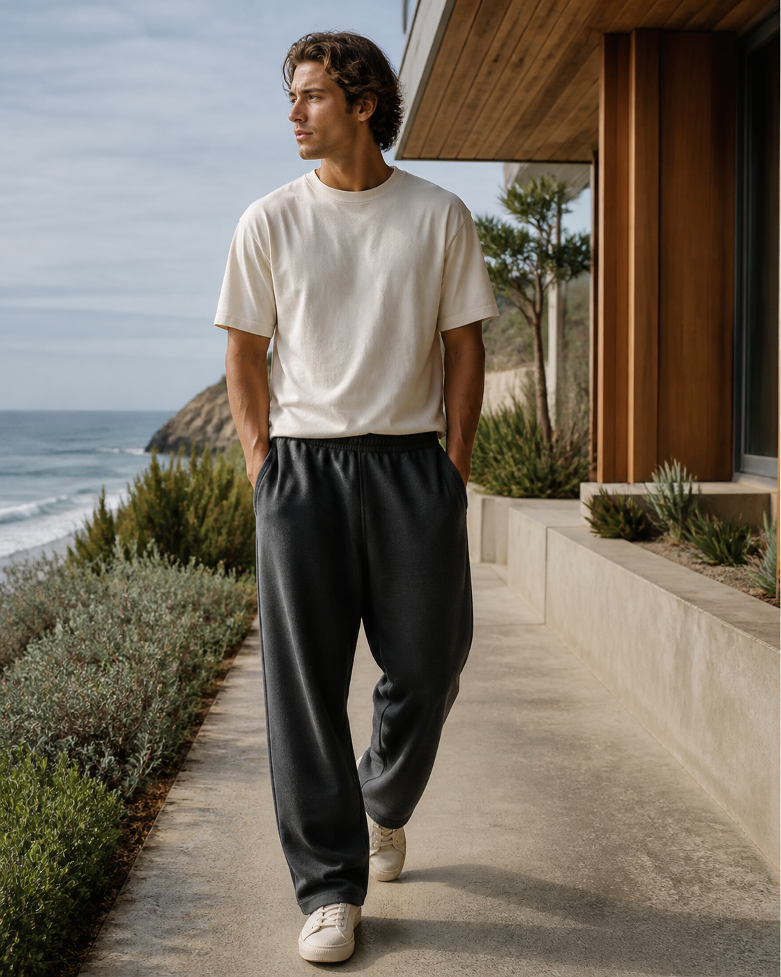 Charcoal wide-leg sweatpants beside a coastal home