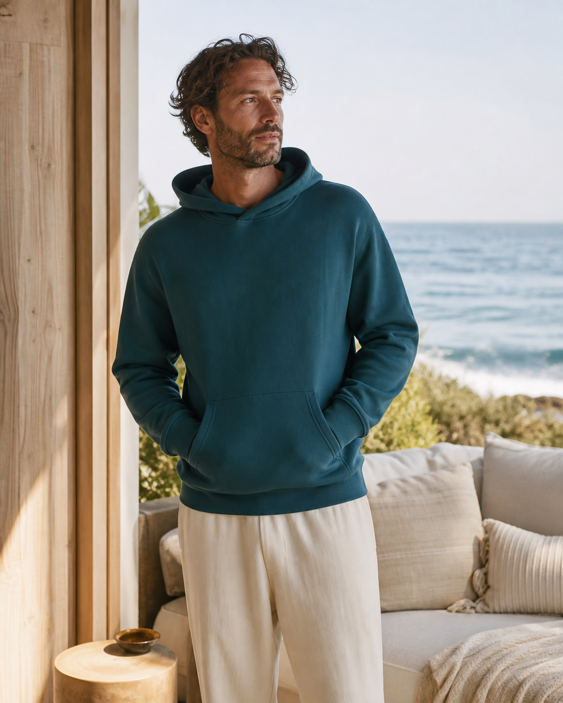 Deep teal organic cotton lounge hoodie on an ocean-view terrace