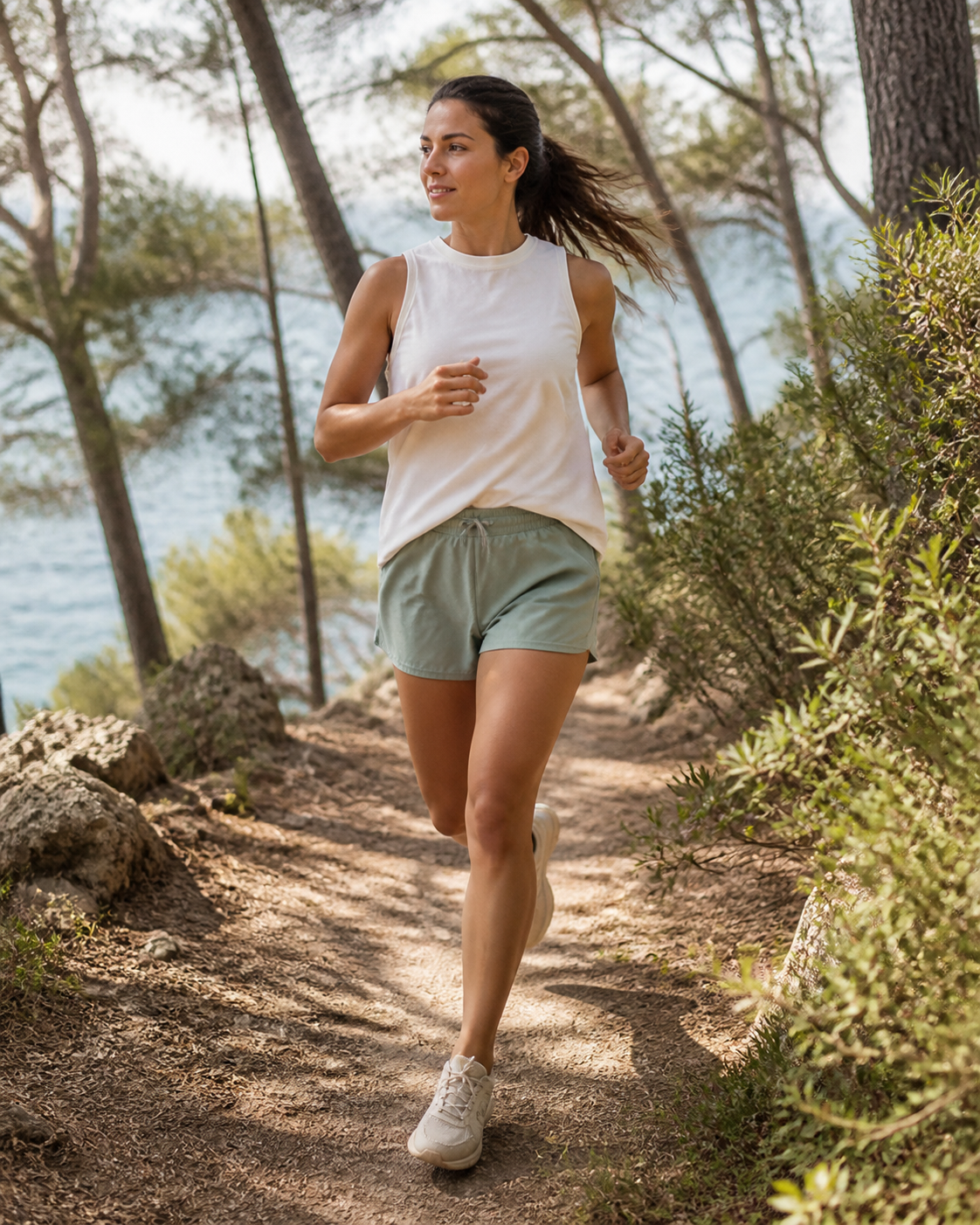 Woman jogging in unlined sage organic cotton running shorts on a wooded coastal trail