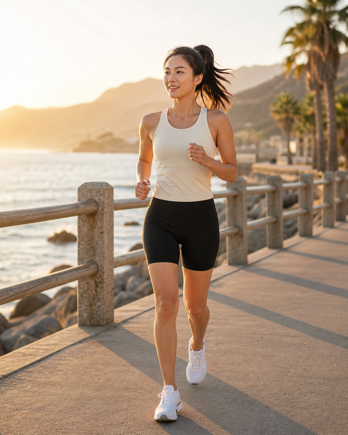 Black Biker Shorts worn while running on a coastal boardwalk