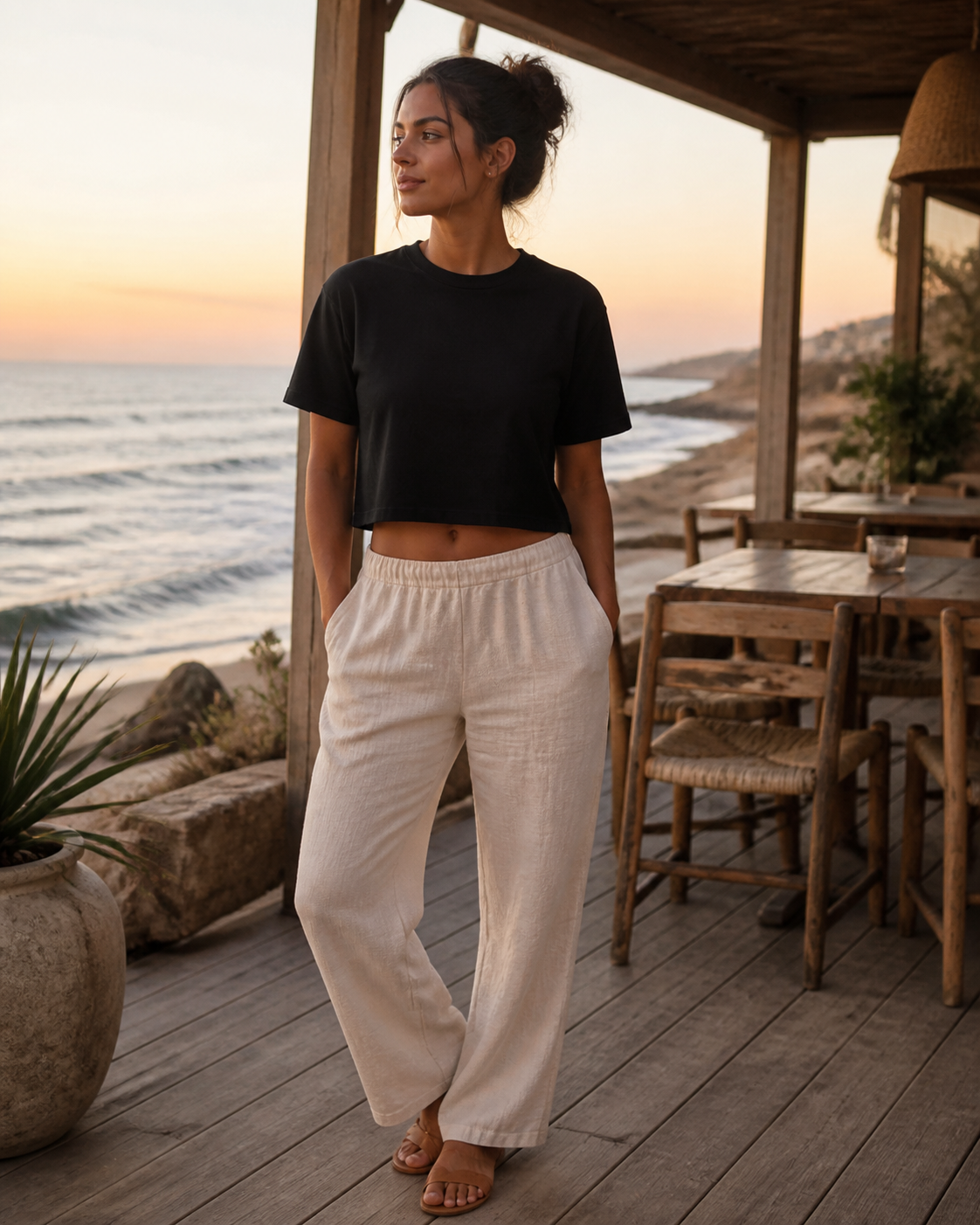 Black Boxy Crop Top worn on a seaside deck at sunset