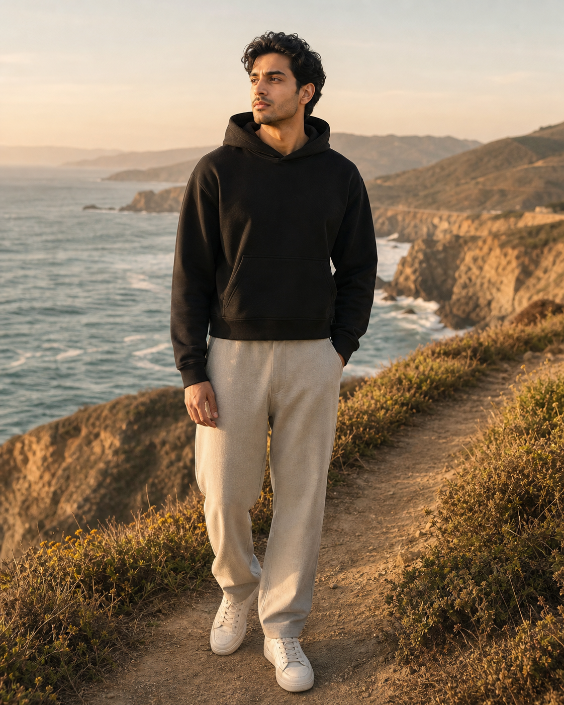 Black Cropped Pullover Hoodie worn by a man on a coastal trail