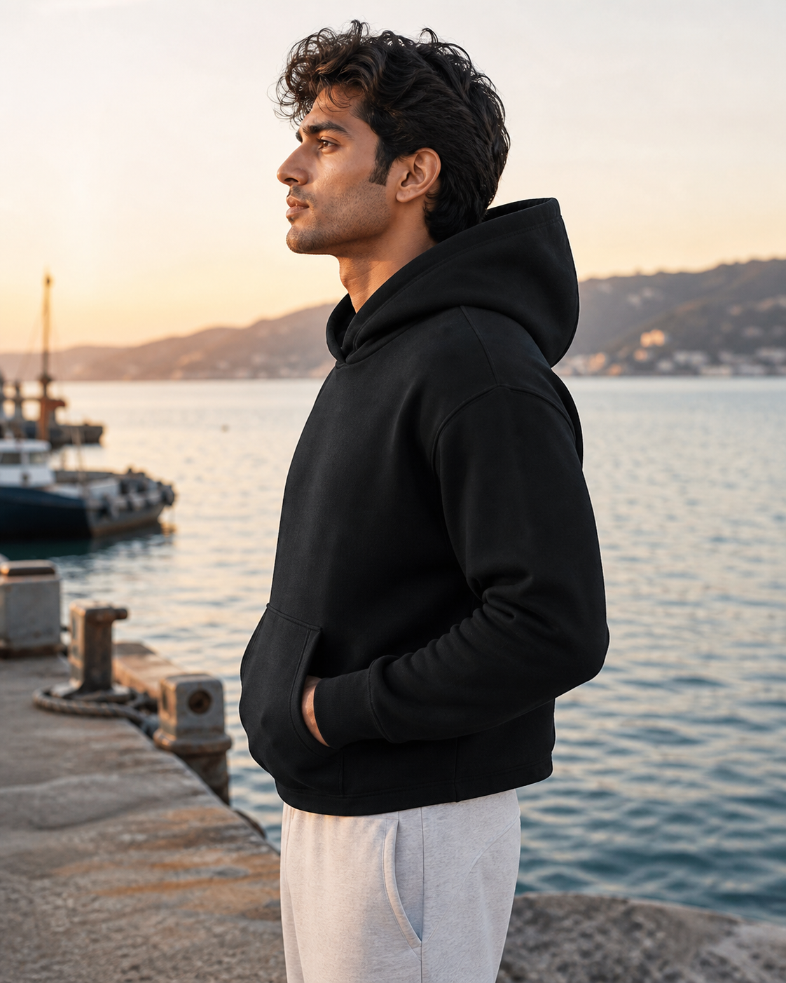 Black Cropped Pullover Hoodie worn by a man at a coastal harbor