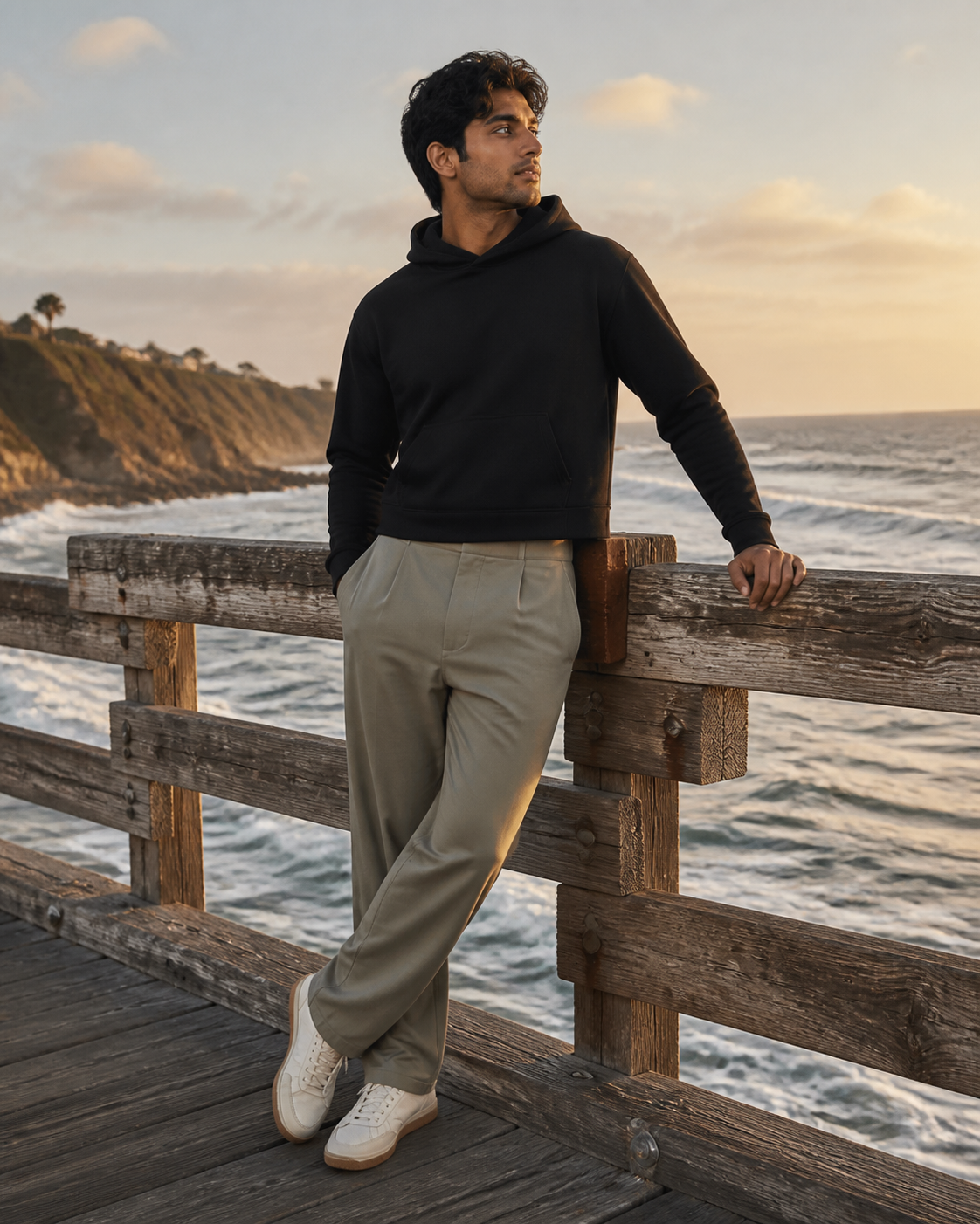 Black Cropped Pullover Hoodie worn by a man on a coastal pier at sunset