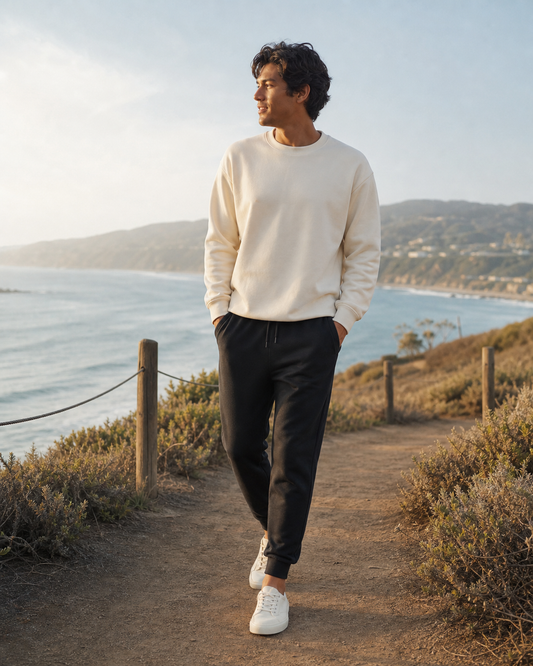 Model wearing KeAloha Black Fleece Joggers on a coastal trail