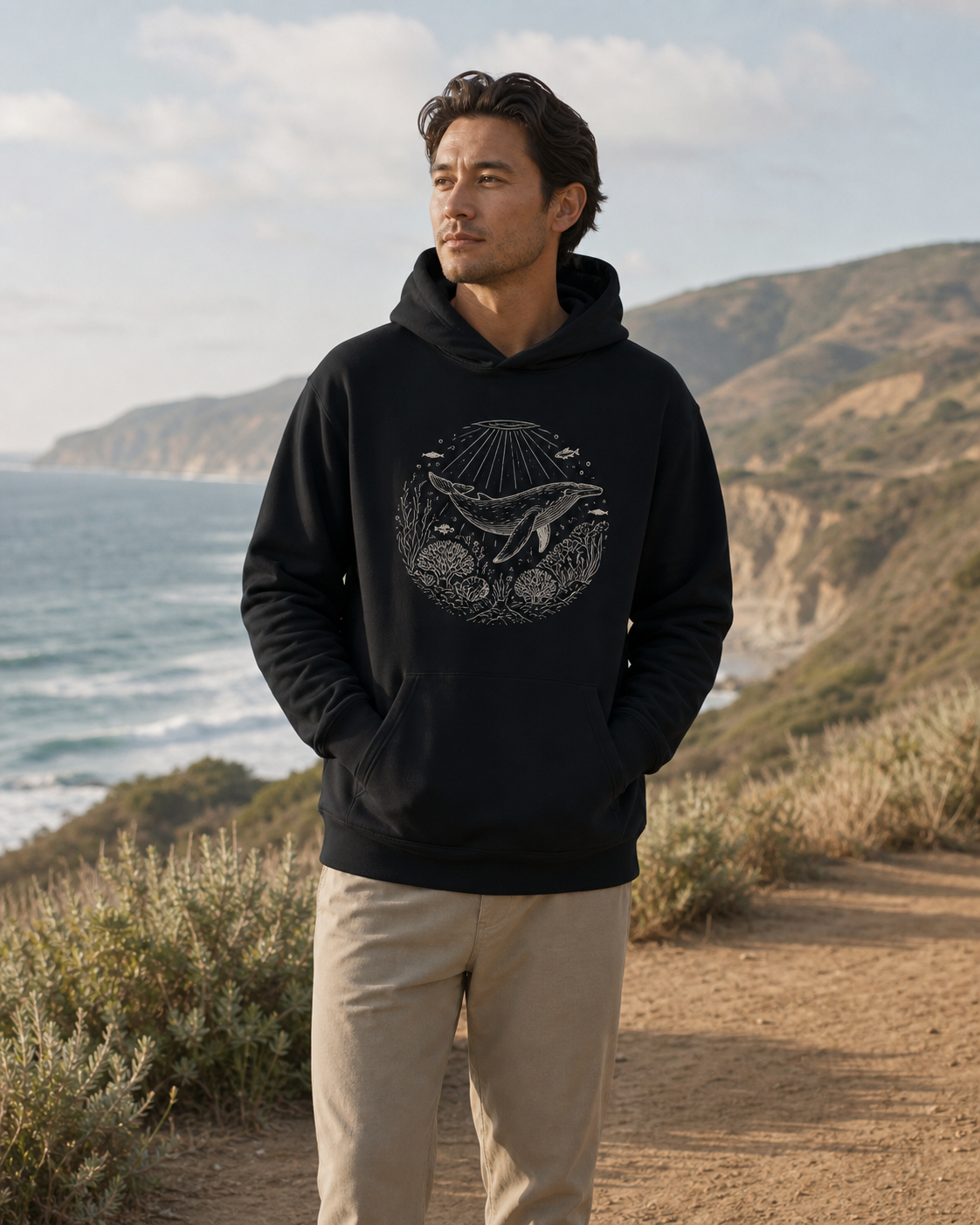Model wearing KeAloha Black Graphic Pullover Hoodie on a coastal trail