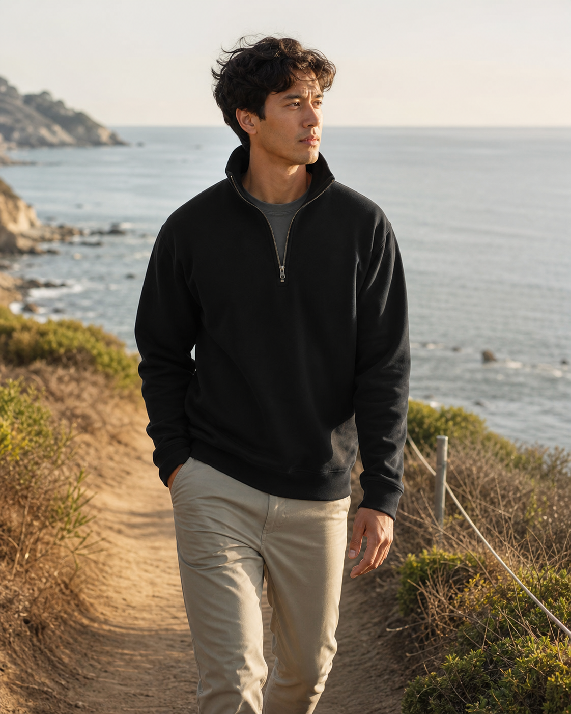 Model wearing KeAloha Black Half-Zip Pullover on a coastal trail