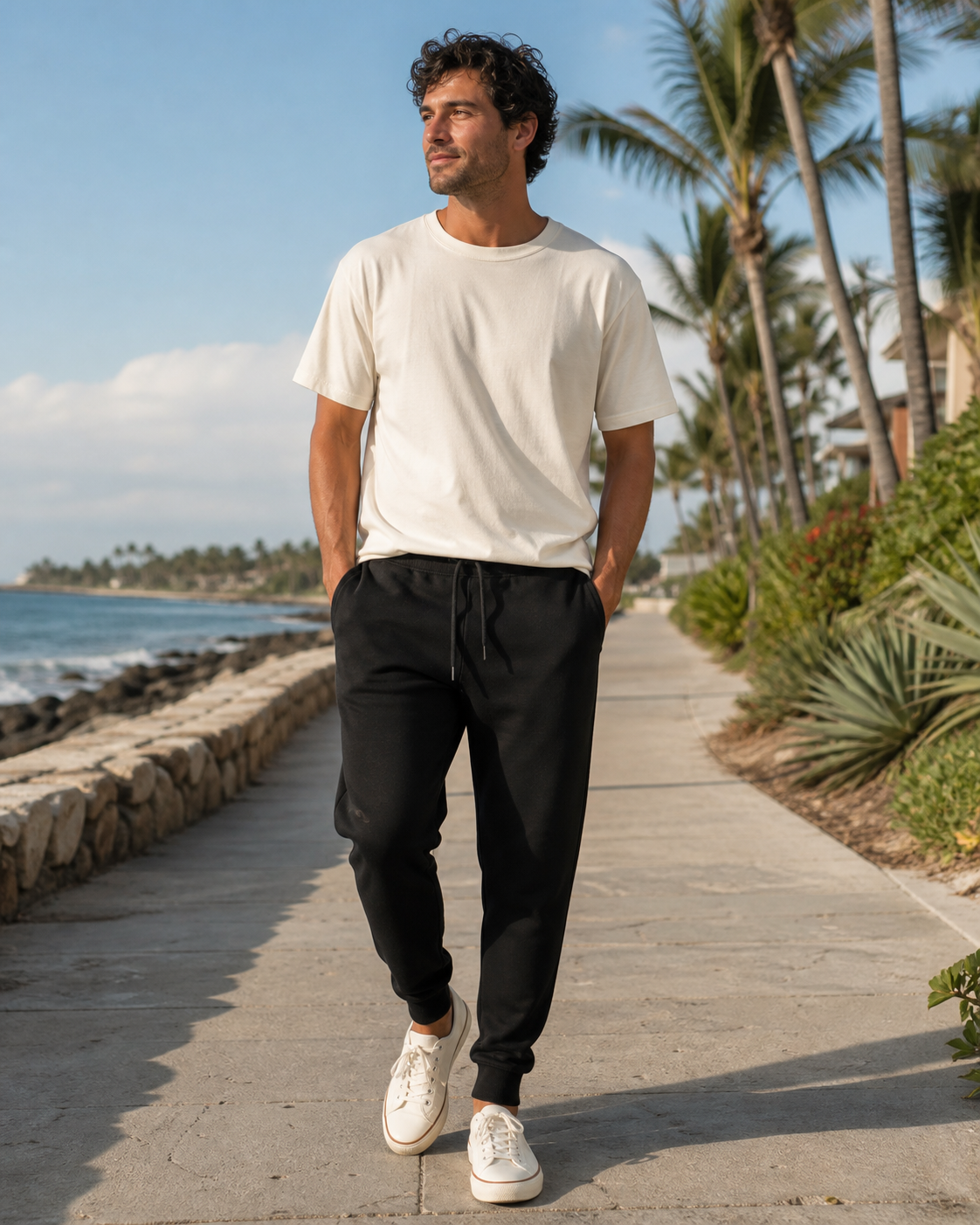 Model wearing KeAloha Black Joggers on a coastal promenade
