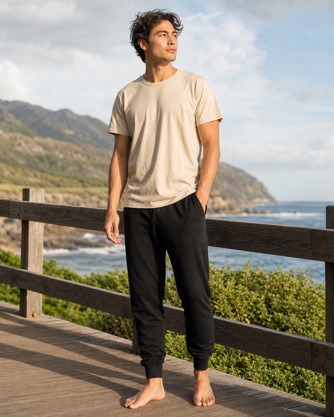 Model wearing KeAloha Black Joggers with Pockets on a coastal boardwalk