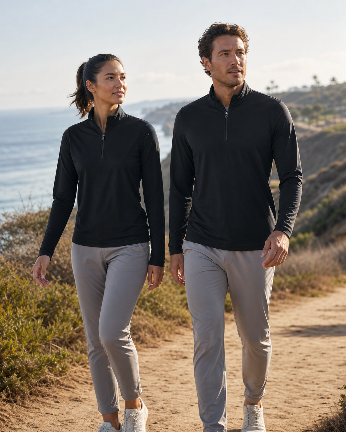 Models wearing KeAloha Black Lightweight Quarter-Zip pullovers on a coastal trail