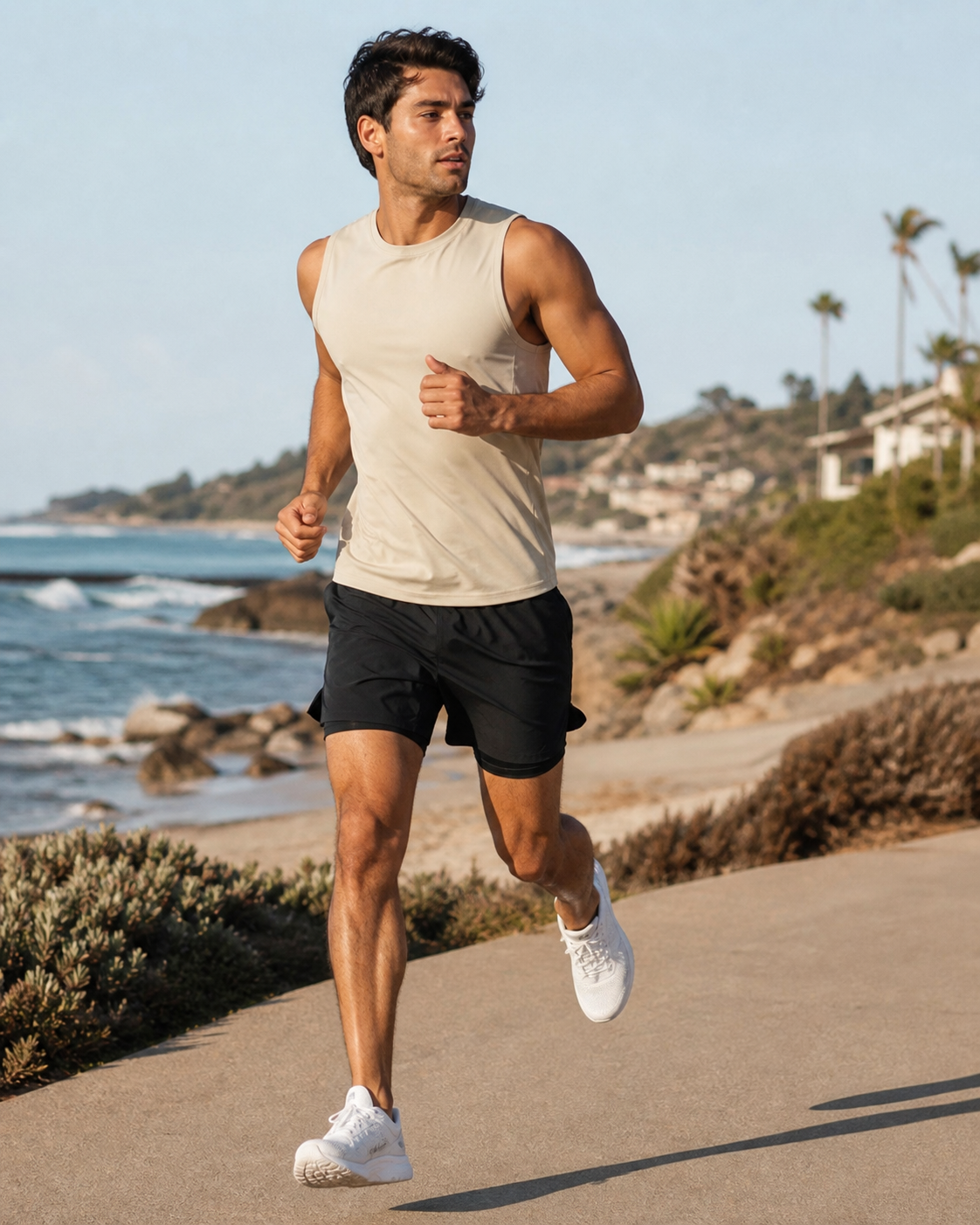 Man wearing KeAloha Black Lined Training Shorts on a coastal run