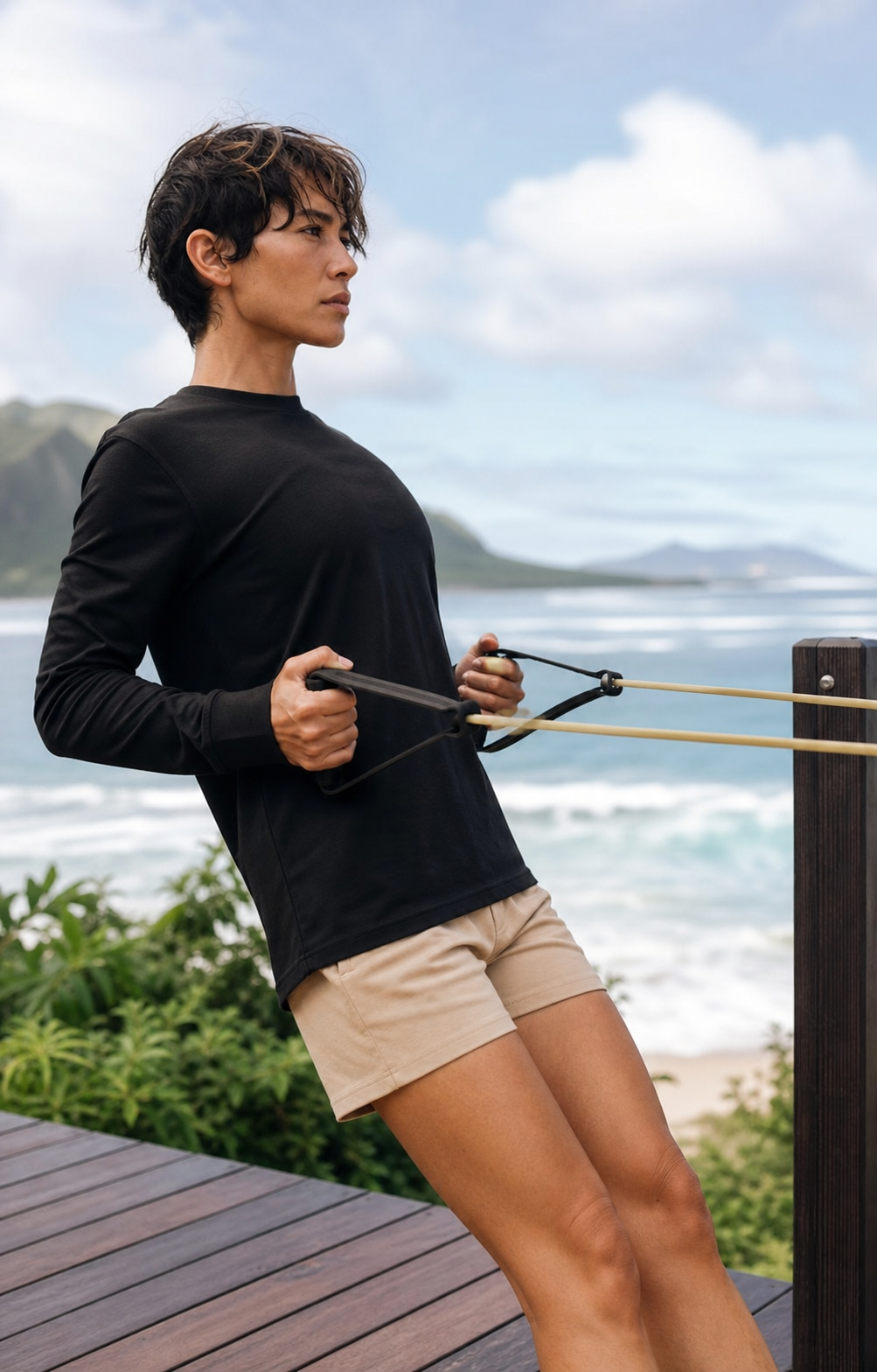 Black organic cotton long sleeve training tee during coastal resistance training