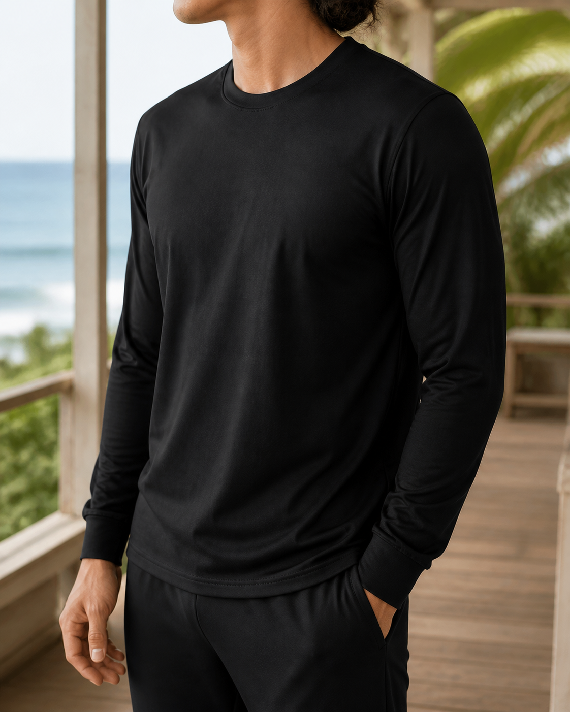 Black organic cotton long sleeve training tee neckline cuff and fabric detail