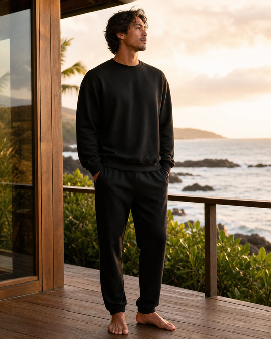 Model wearing KeAloha Black Lounge Crewneck on an oceanfront deck