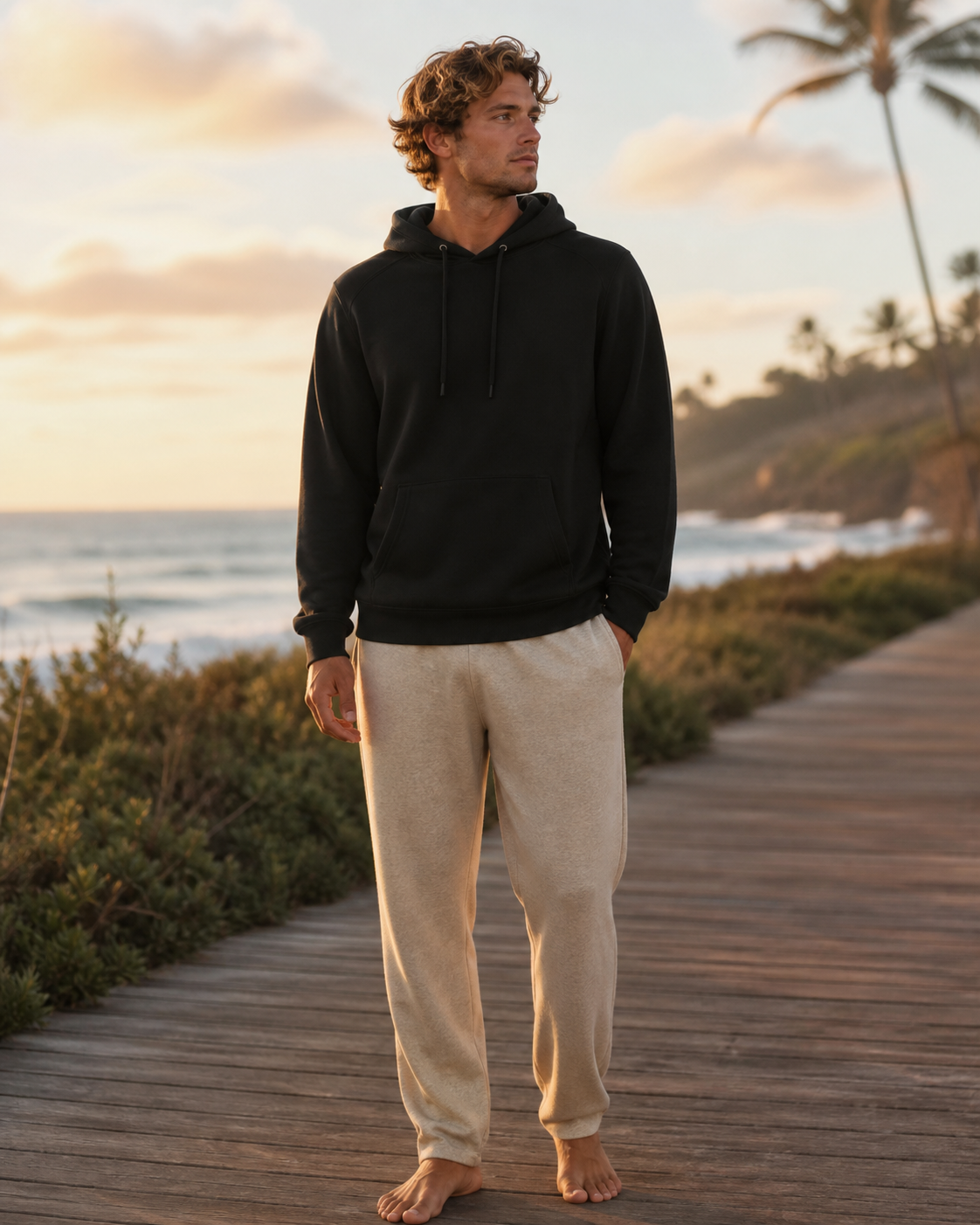Model wearing KeAloha Black Lounge Hoodie on a coastal boardwalk