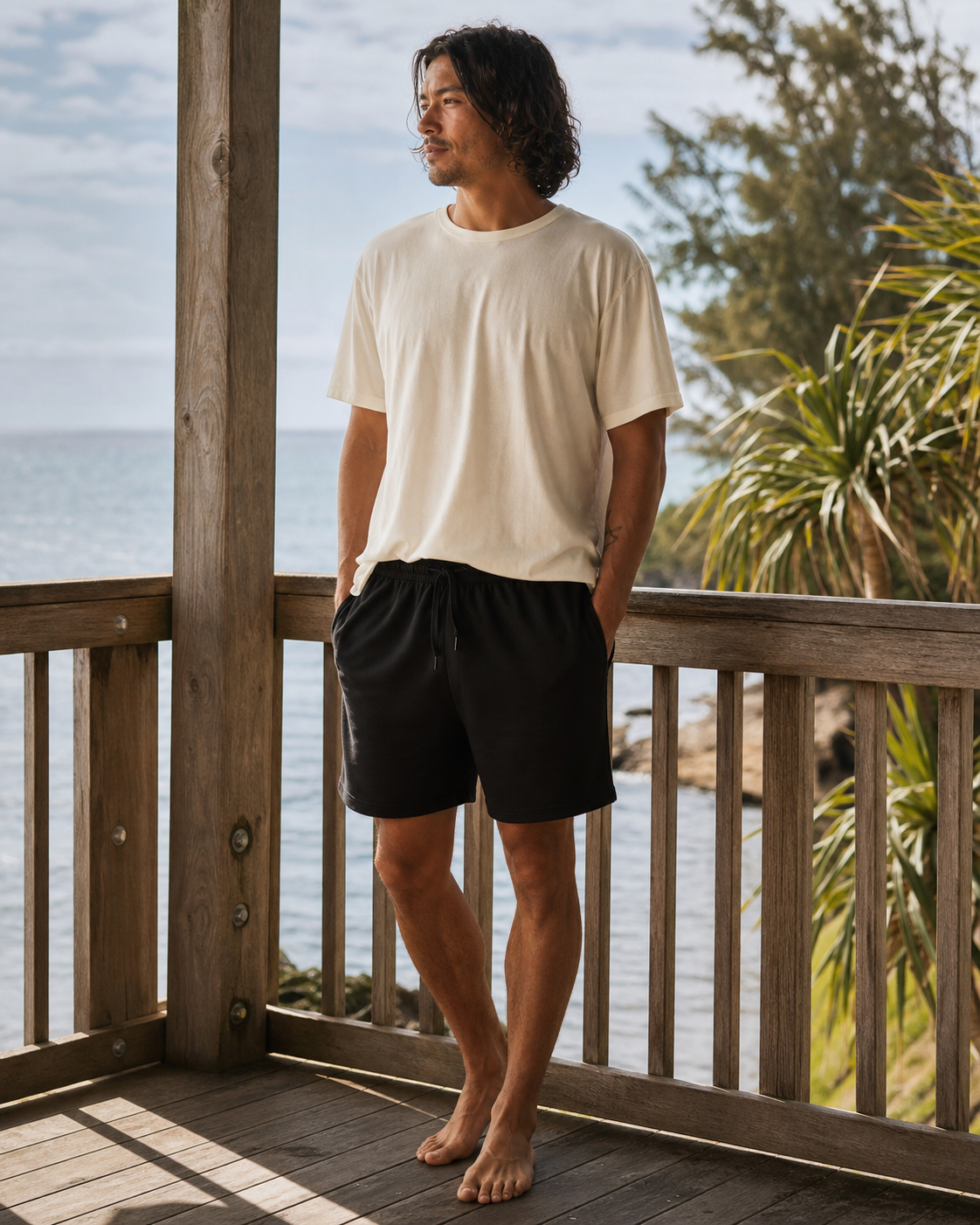 Model wearing KeAloha Black Lounge Short on a coastal deck