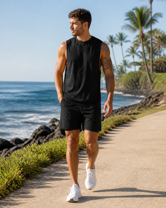 Man wearing the KeAloha Black Men's Matching Set on a coastal path