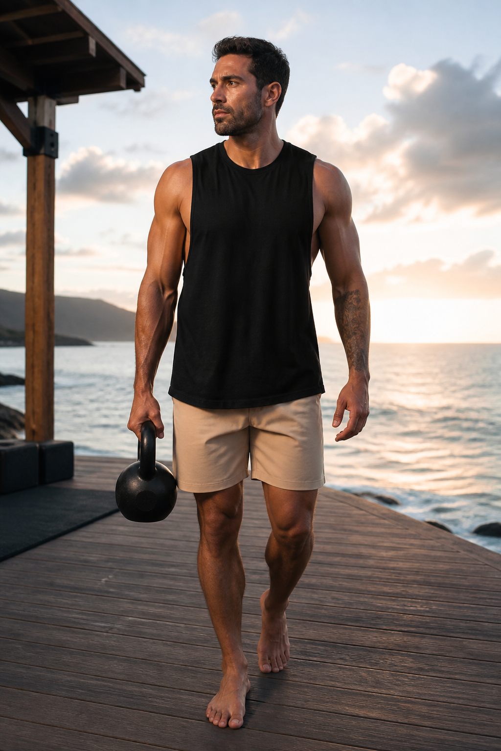 Black loose-fit organic cotton muscle tank during coastal training