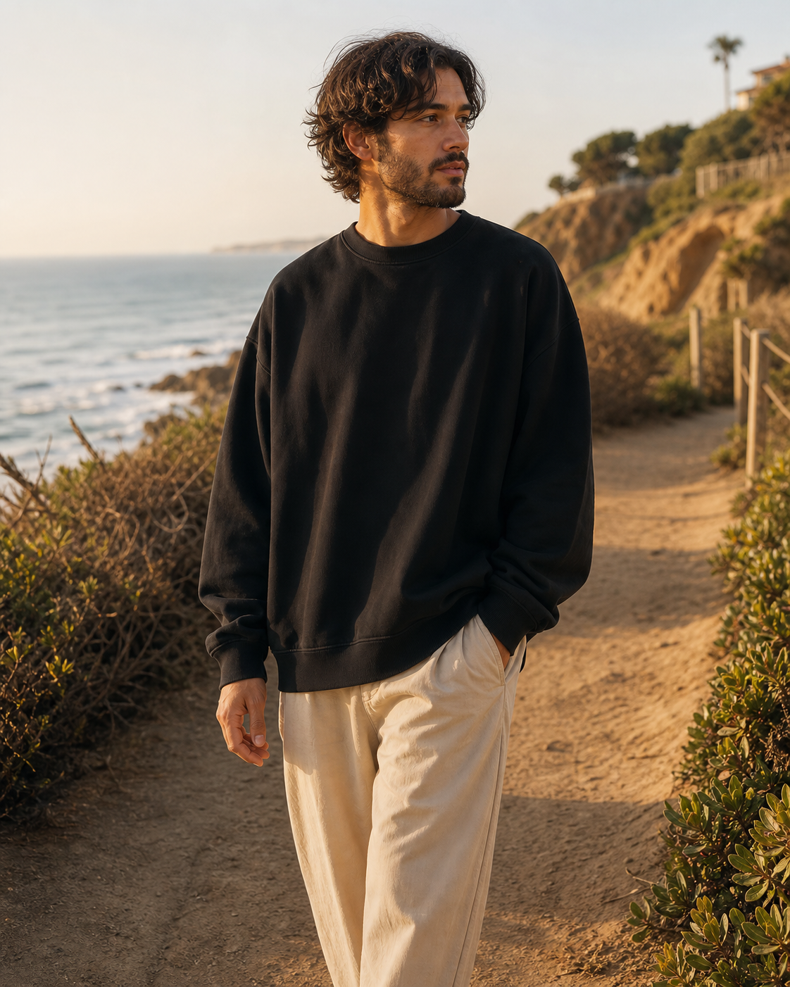 Model wearing KeAloha Black Oversized Crewneck on a coastal trail
