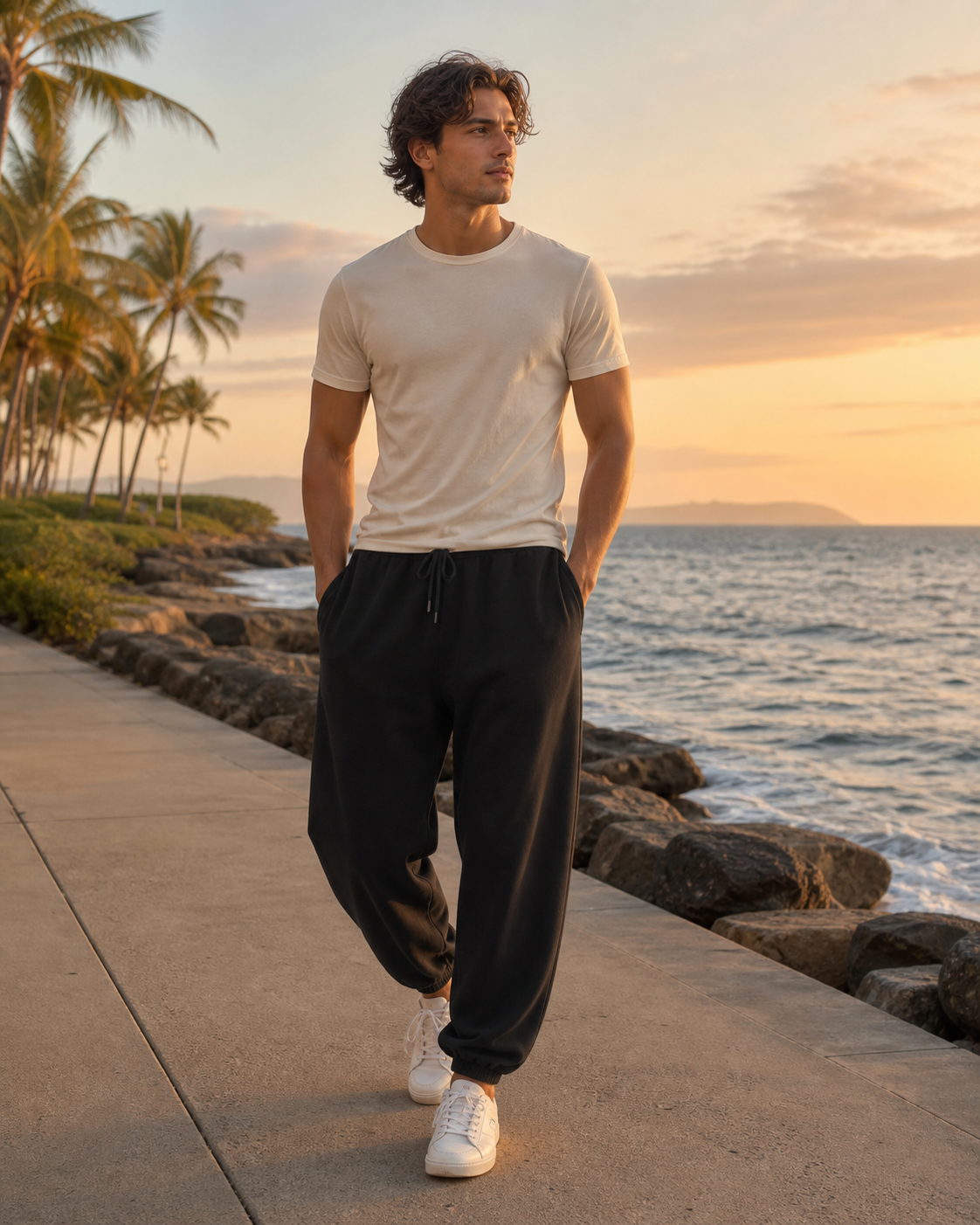 Model wearing KeAloha Black Oversized Joggers on a coastal promenade