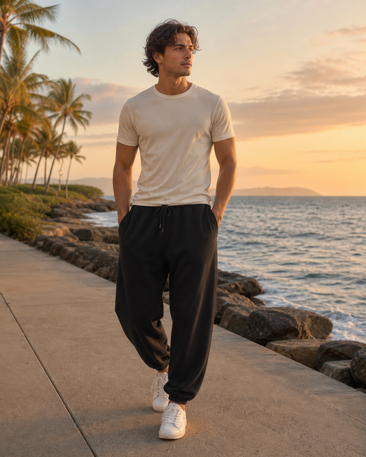Model wearing KeAloha Black Oversized Joggers on a coastal promenade