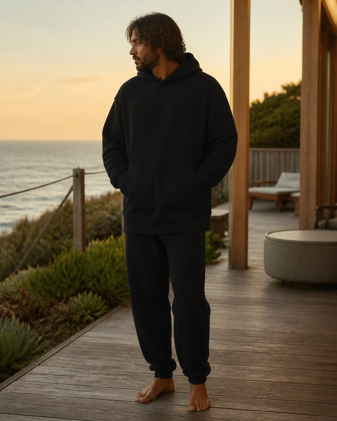 Model wearing KeAloha Black Oversized Lounge Hoodie on an oceanfront deck