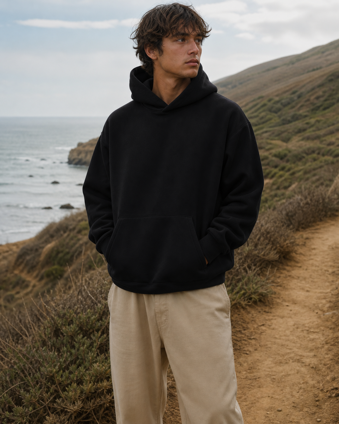 Model wearing KeAloha Black Oversized Pullover Hoodie on a coastal trail