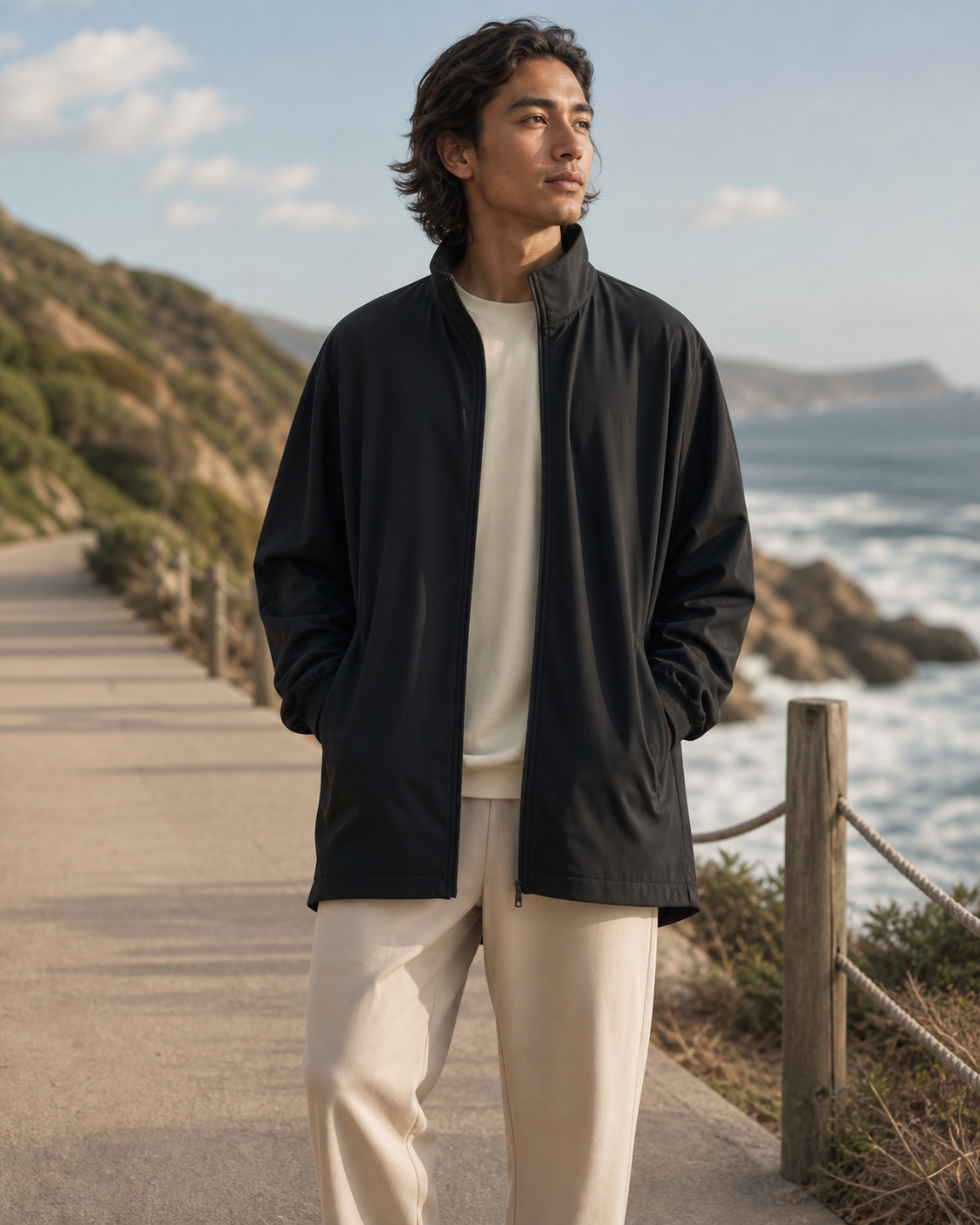 Model wearing KeAloha Black Oversized Track Jacket on a coastal promenade