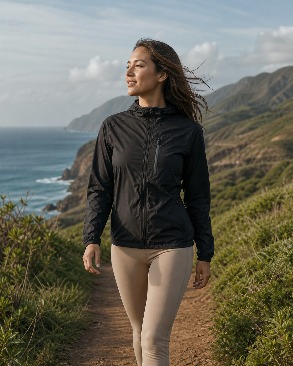 Woman wearing KeAloha Black Packable Windbreaker on a coastal trail