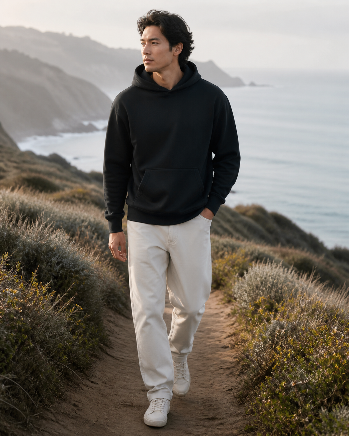 Model wearing KeAloha Black Pullover Hoodie on a coastal trail