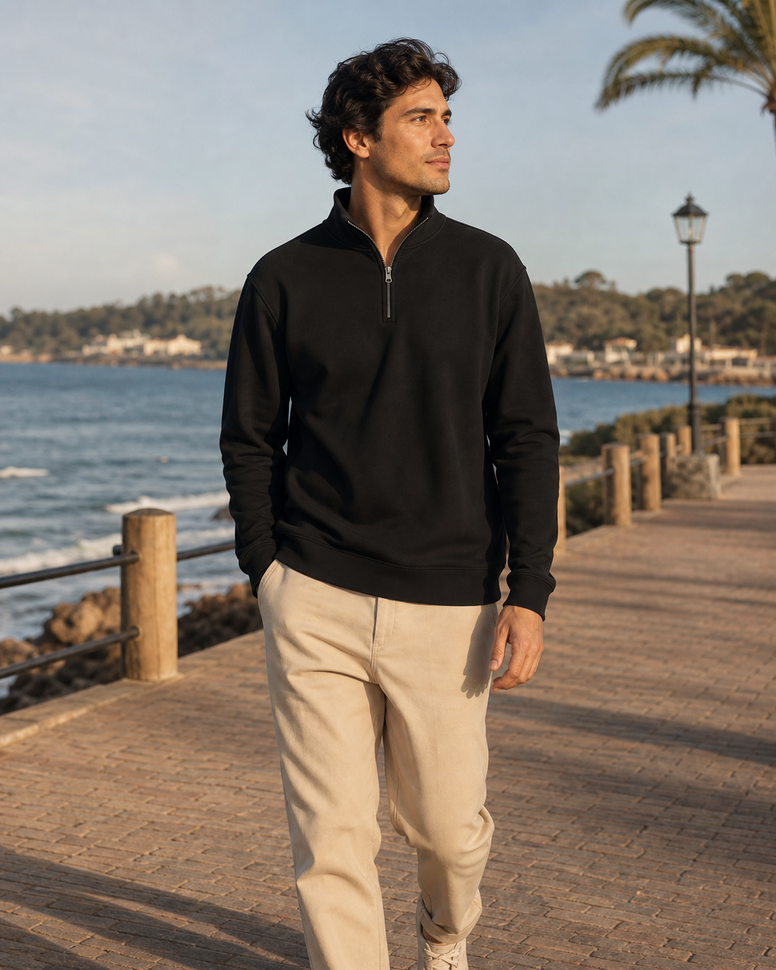 Model wearing KeAloha Black Quarter-Zip Pullover on a coastal promenade