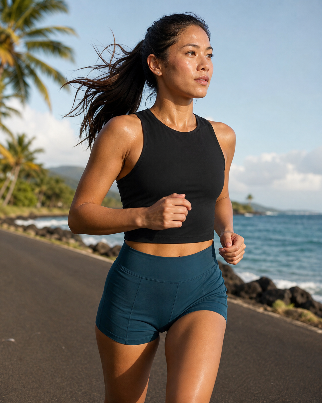 Black recycled fitted cropped running tank in motion on a coastal run