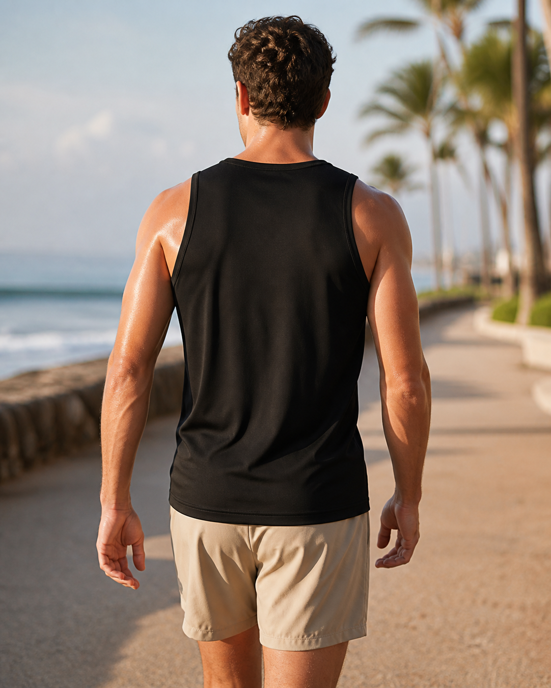 Black recycled fitted running tank back view on a coastal path
