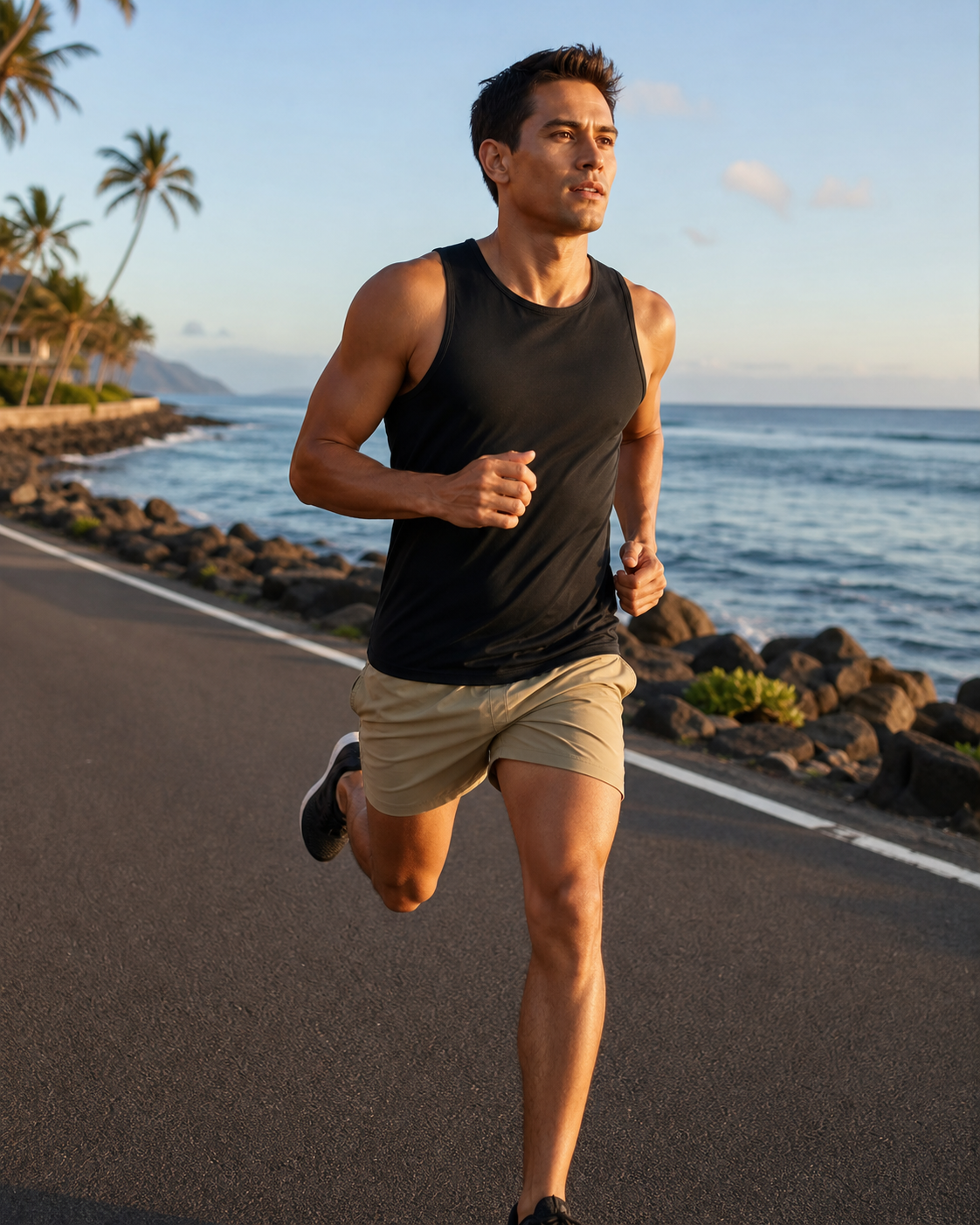 Black recycled fitted running tank in motion on a coastal run