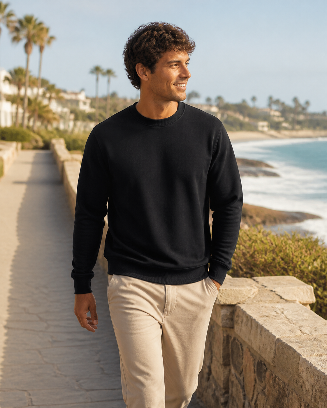 Model wearing KeAloha Black rPET Crewneck on a coastal promenade