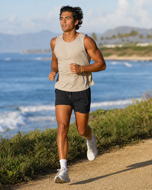 Runner wearing KeAloha Black Running Shorts on a coastal path
