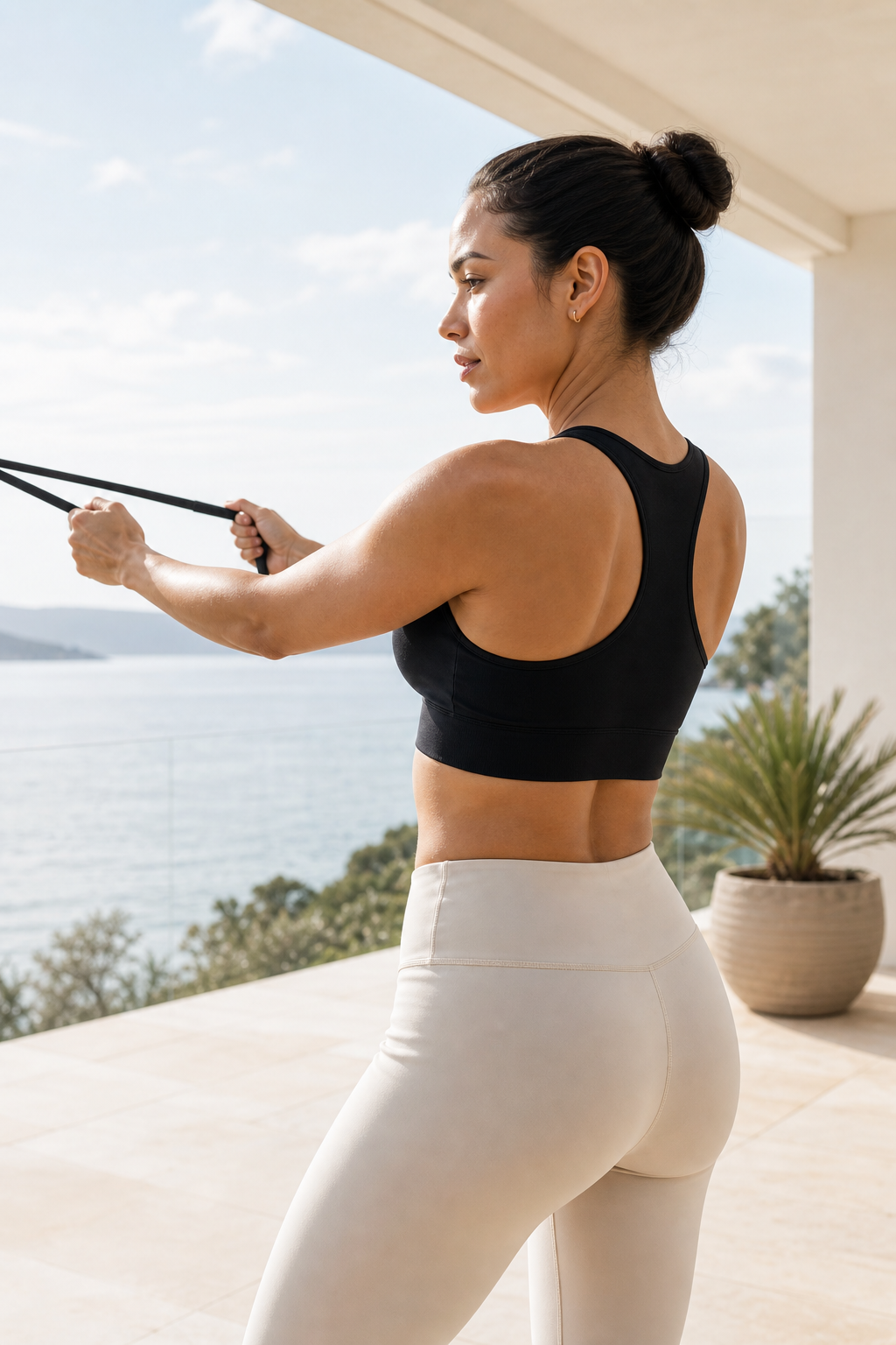 Black Seamless Racerback Sports Bra worn during resistance training on a coastal terrace