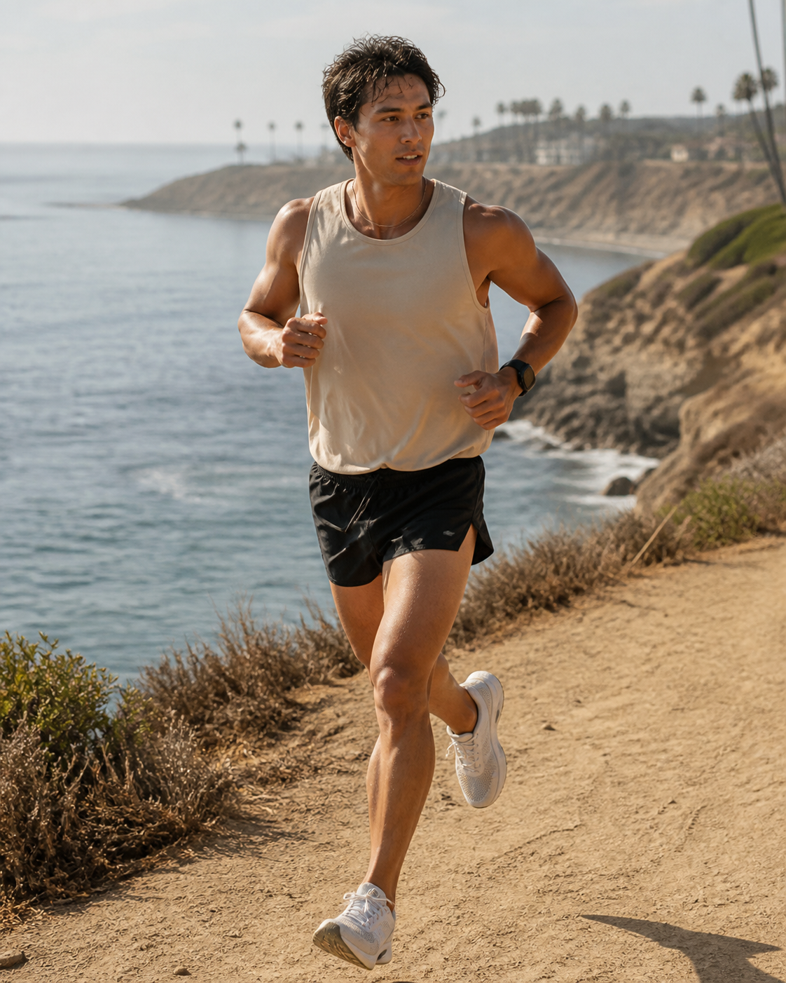 Runner wearing KeAloha Black Split-Hem Running Shorts on a coastal trail