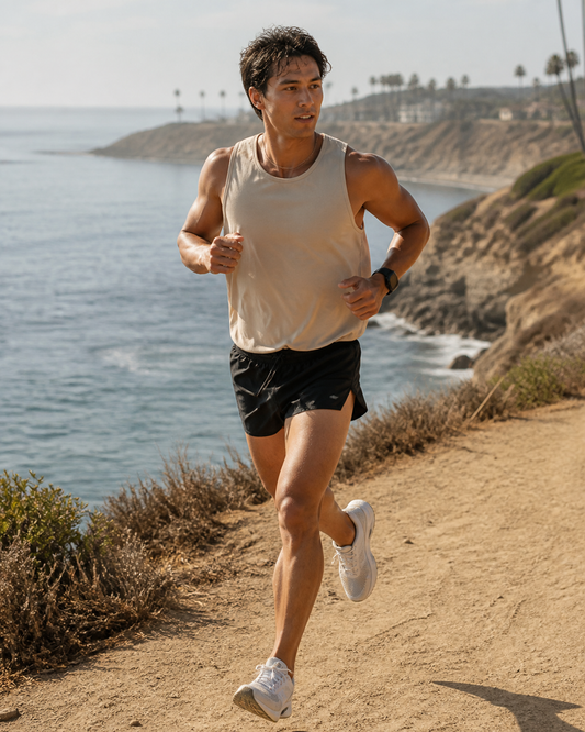 Runner wearing KeAloha Black Split-Hem Running Shorts on a coastal trail