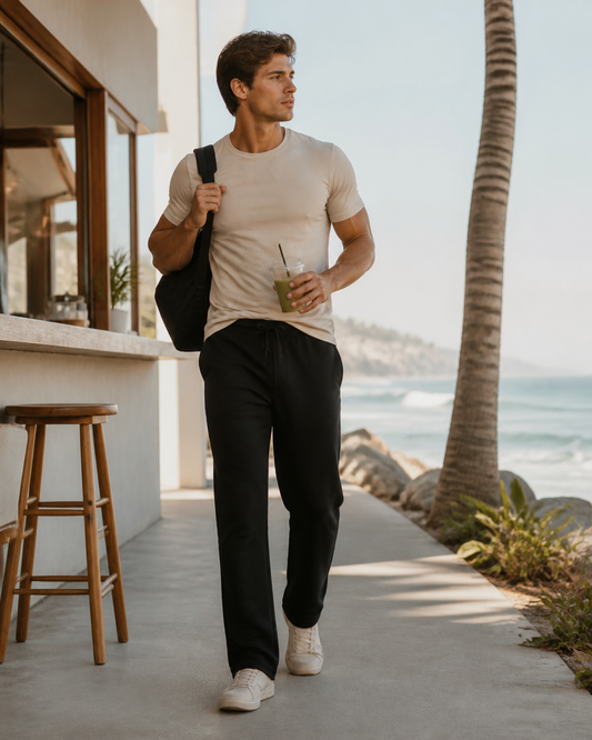 Man wearing KeAloha Black Straight-Leg Sweatpants beside a coastal café