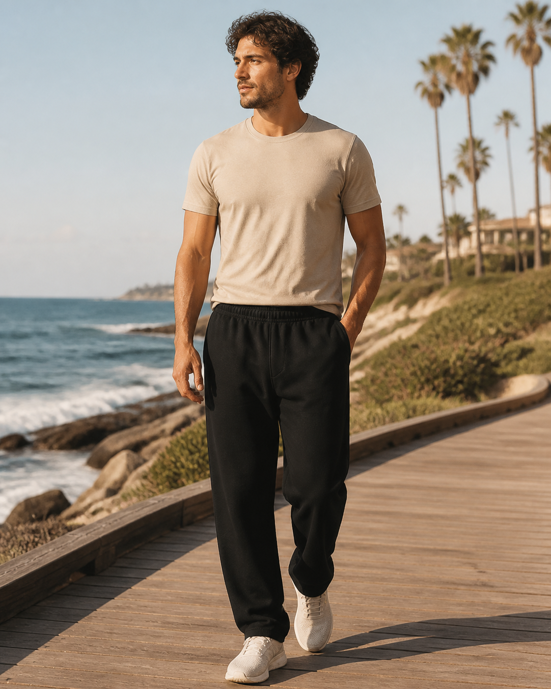 Man wearing KeAloha Black Sweatpants with Pockets on a coastal boardwalk