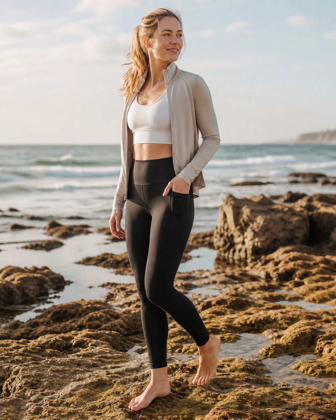 Black TENCEL Leggings worn on a rocky shoreline