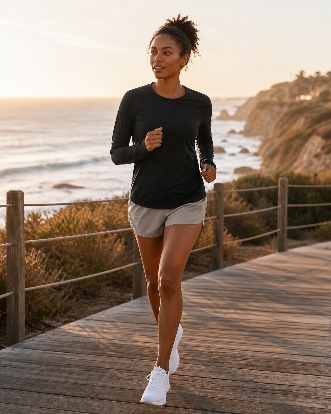 Black TENCEL Lightweight Long Sleeve Tee worn during a coastal run
