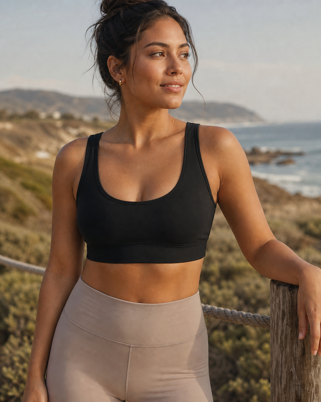 Black TENCEL Scoop Neck Sports Bra worn at a coastal overlook