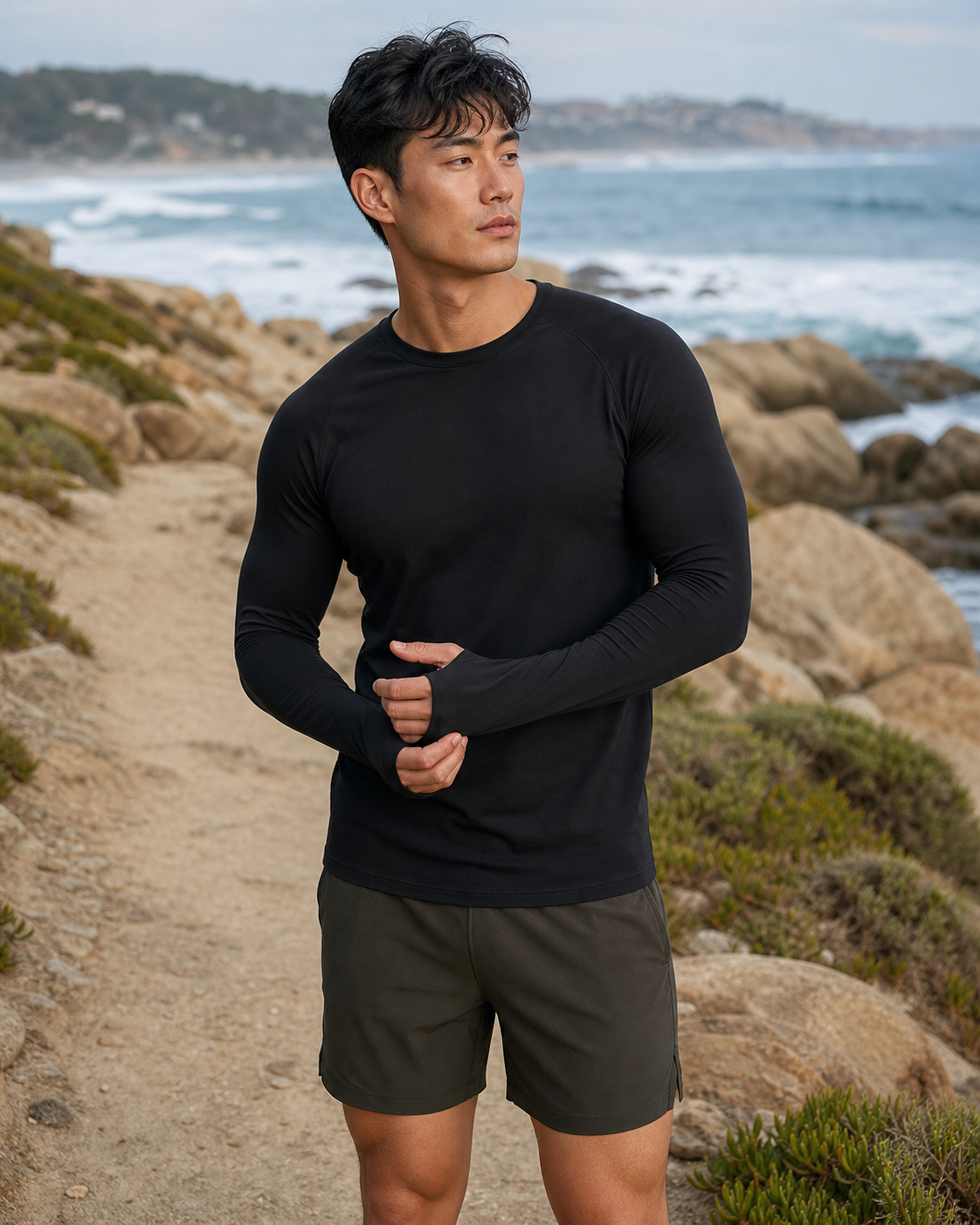Black Thumbhole Long Sleeve Tee worn on a coastal trail