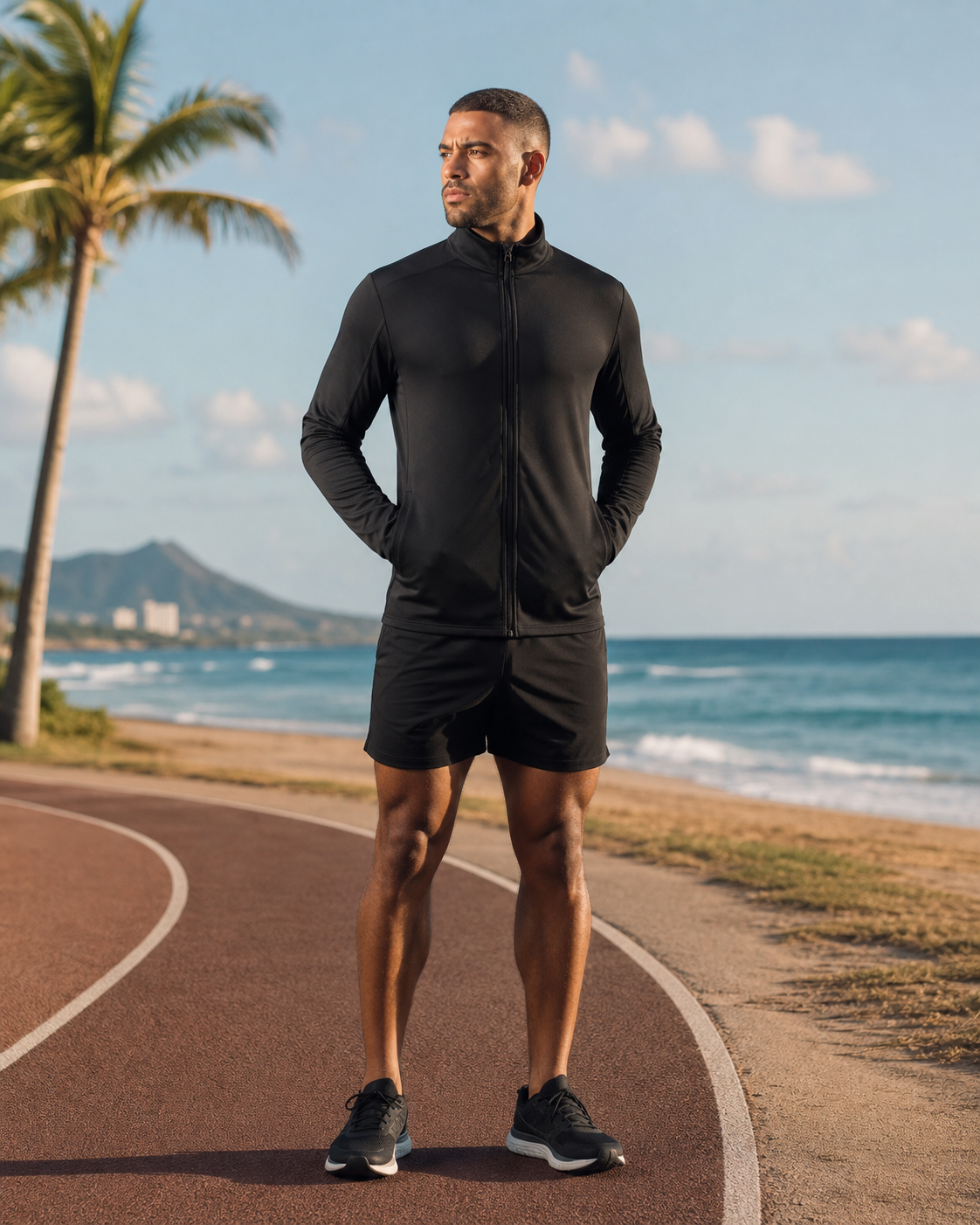 Man wearing the KeAloha Black Track Jacket beside an oceanfront running track