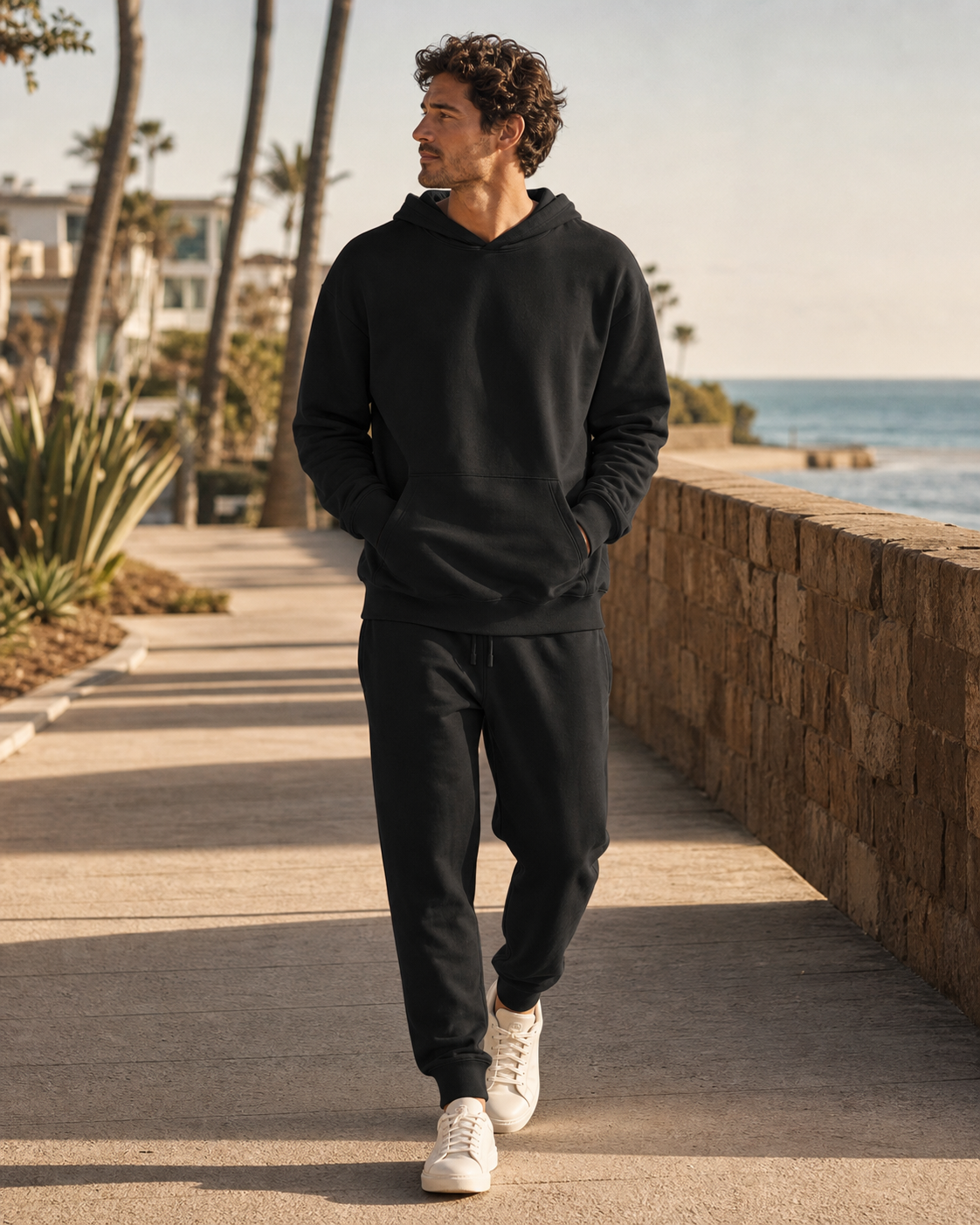 Man wearing the KeAloha Black Tracksuit on a coastal promenade
