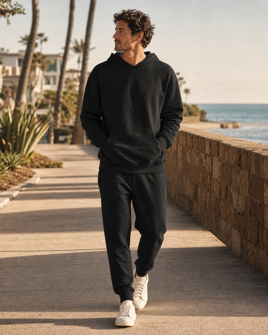 Man wearing the KeAloha Black Tracksuit on a coastal promenade